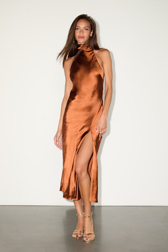 rust satin high neck tie front midi dress