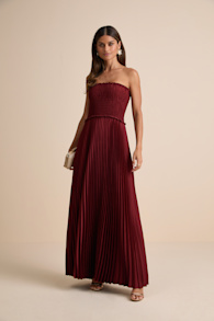 Damira Rust Satin Pleated Strapless Maxi Dress 1