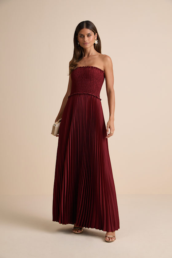 Damira Rust Satin Pleated Strapless Maxi Dress 1