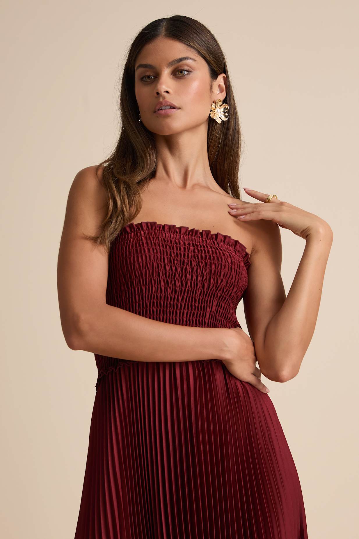 Damira Rust Satin Pleated Strapless Maxi Dress