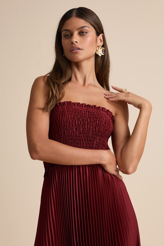 Damira Rust Satin Pleated Strapless Maxi Dress 2