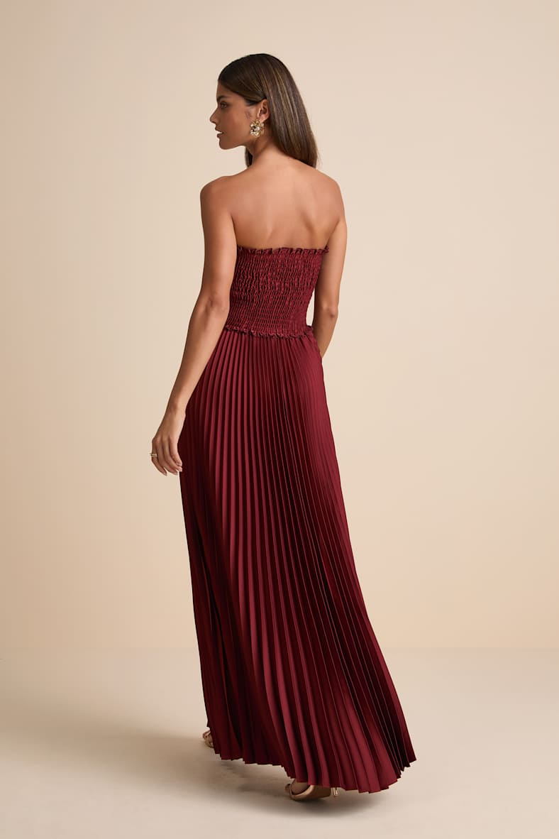 Damira Rust Satin Pleated Strapless Maxi Dress