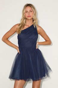 Exceptional Moments Navy Swiss Dot One-Shoulder Mini Dress 1