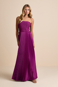 Damira Magenta Satin Pleated Strapless Maxi Dress 1