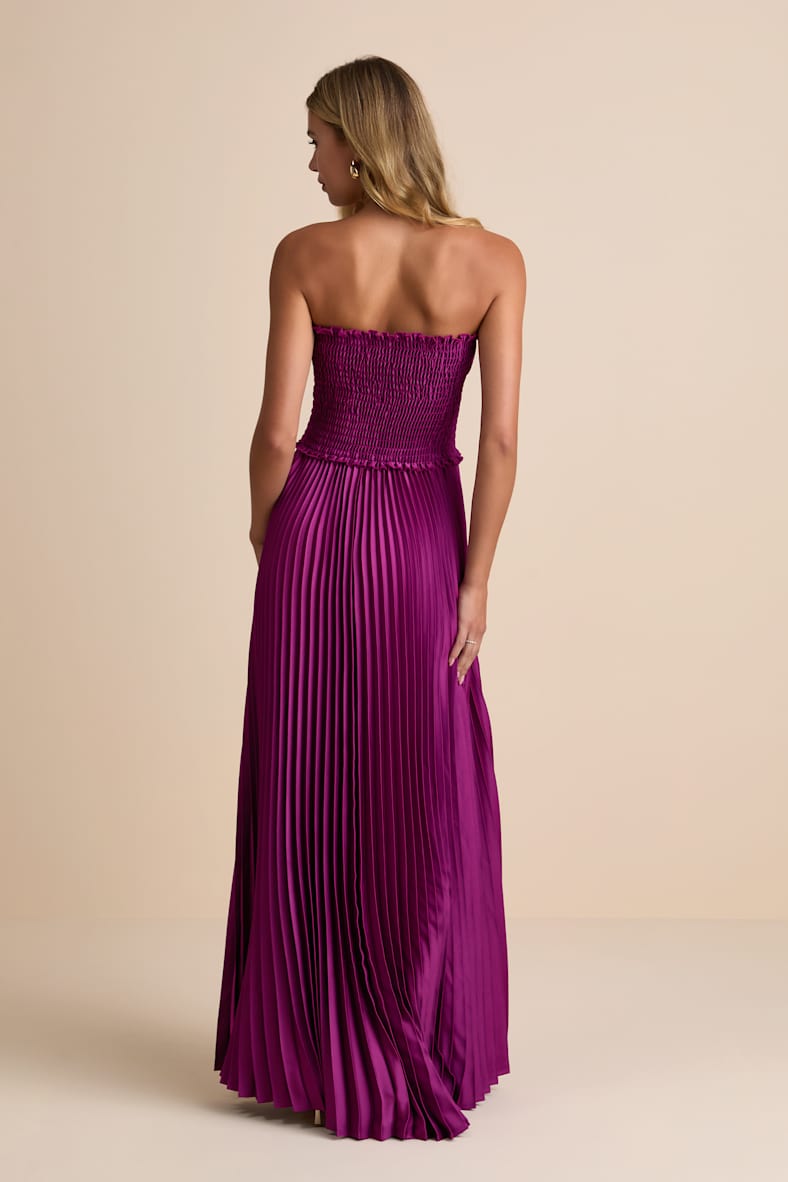 Damira Magenta Satin Pleated Strapless Maxi Dress