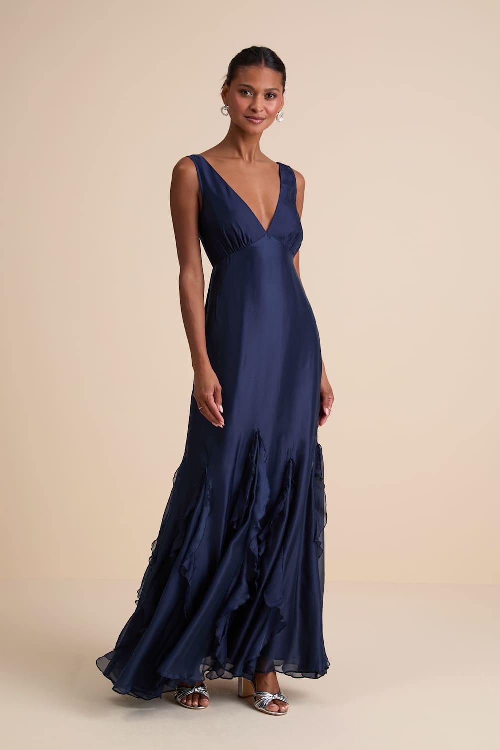 Deluca Navy Floral Sleeveless Ruffled Maxi Dress