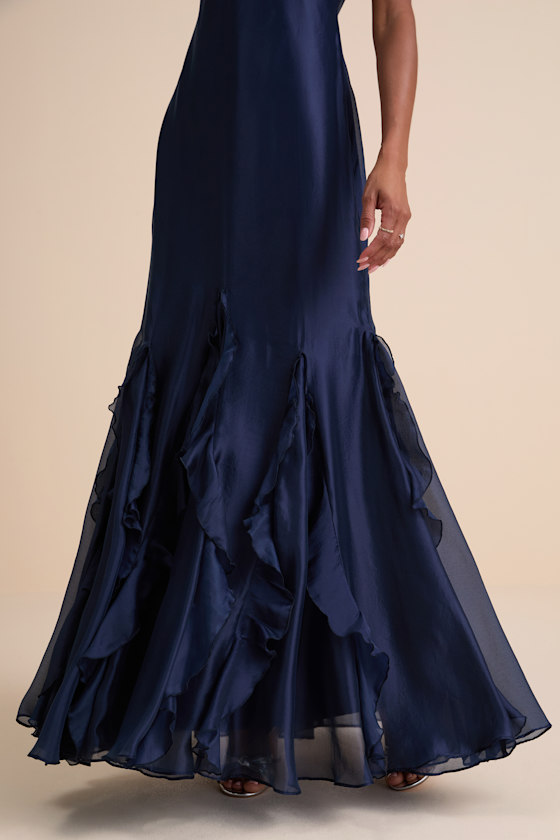 Lulus Deluca Navy Floral Sleeveless Ruffled Maxi Dress In Blue