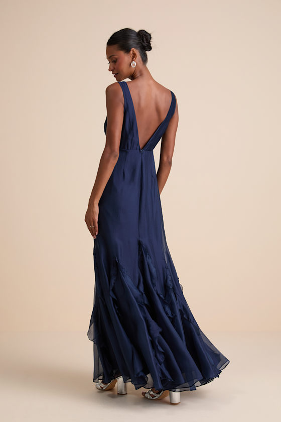 Lulus Deluca Navy Floral Sleeveless Ruffled Maxi Dress In Blue