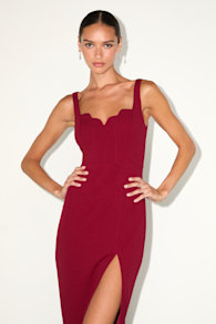 Fabulous Desires Wine Red Scalloped Bodycon Midi Dress 1