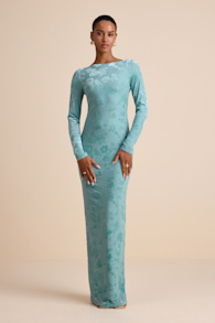 Amiria Light Aqua Burnout Velvet Long Sleeve Maxi Dress 1