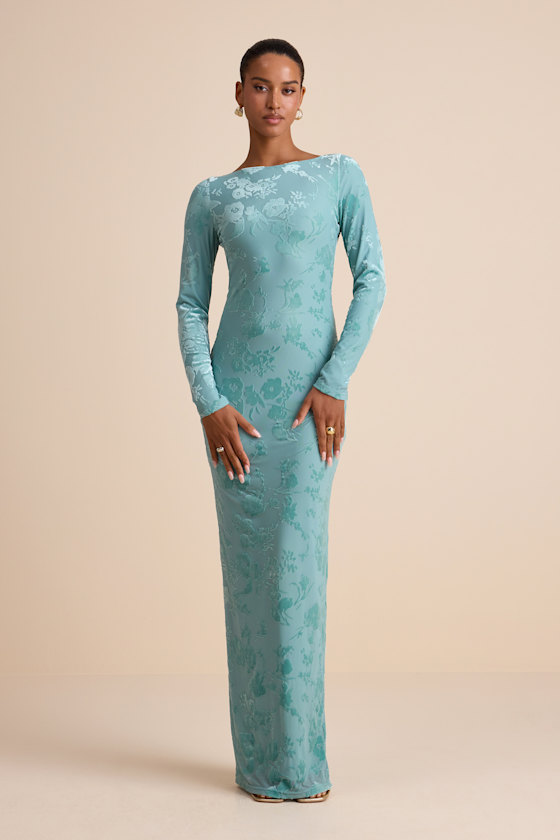 Amiria Light Aqua Burnout Velvet Long Sleeve Maxi Dress 1