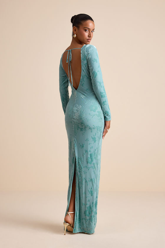 Light Aqua Dress - Burnout Velvet Dress - Long Sleeve Maxi Dress