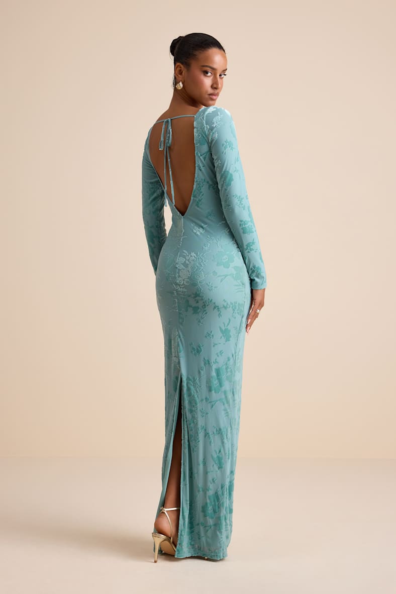 Amiria Light Aqua Burnout Velvet Long Sleeve Maxi Dress