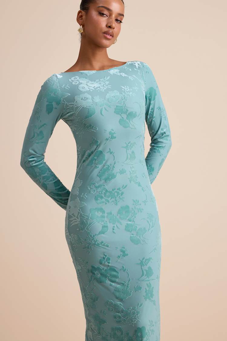 Amiria Light Aqua Burnout Velvet Long Sleeve Maxi Dress