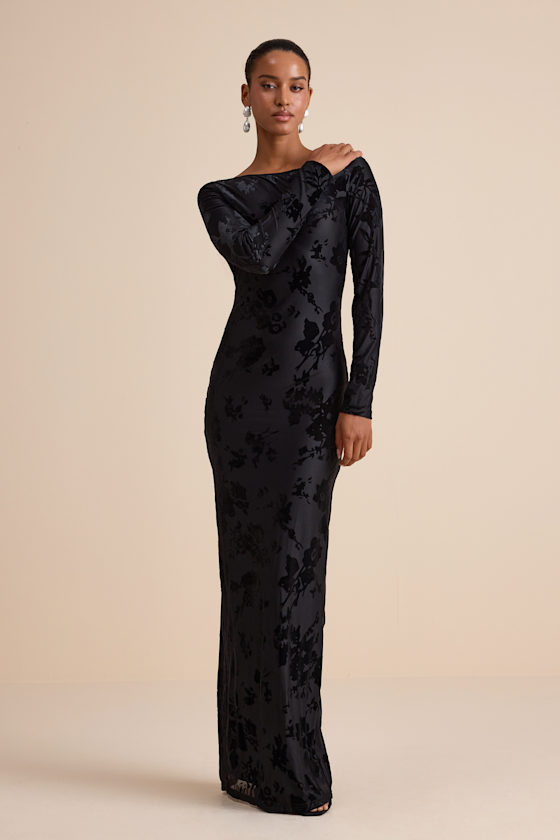 Image of Amiria Black Burnout Velvet Long Sleeve Maxi Dress