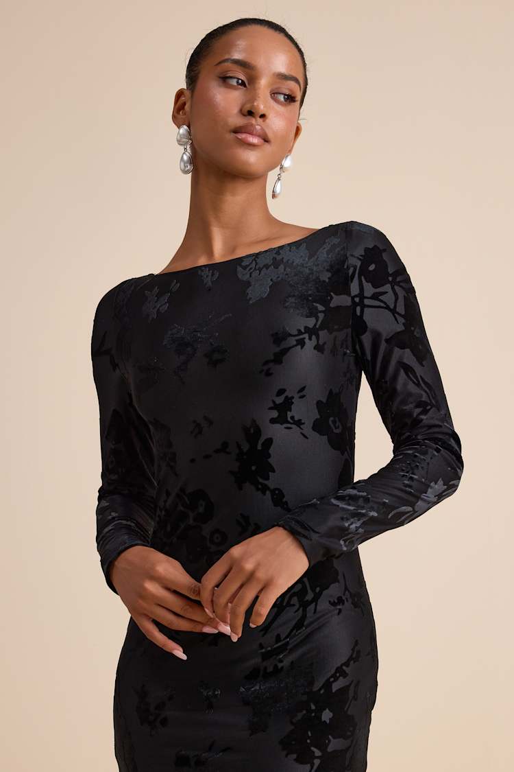 Amiria Black Burnout Velvet Long Sleeve Maxi Dress