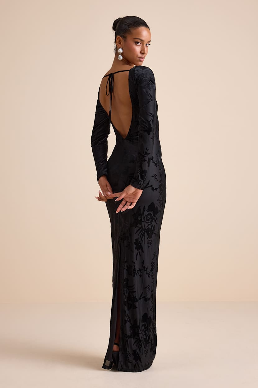 knee length dresses for ladies Black Burnout Velvet Long Sleeve Midi Dress