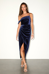 Showing Off a Little Navy Velvet Asymmetrical Tulip Midi Dress 2