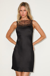 Ilhanna Black Satin Boat Neck Shift Mini Dress 1