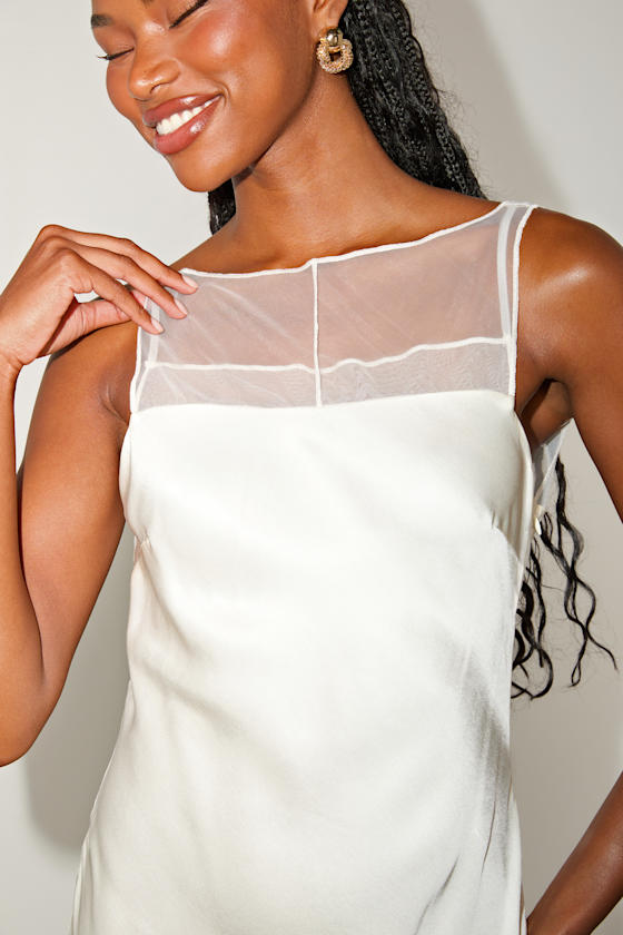 Ivory Mini Dress - Satin Shift Dress - Sleeveless Boat Neck Dress - Image 2