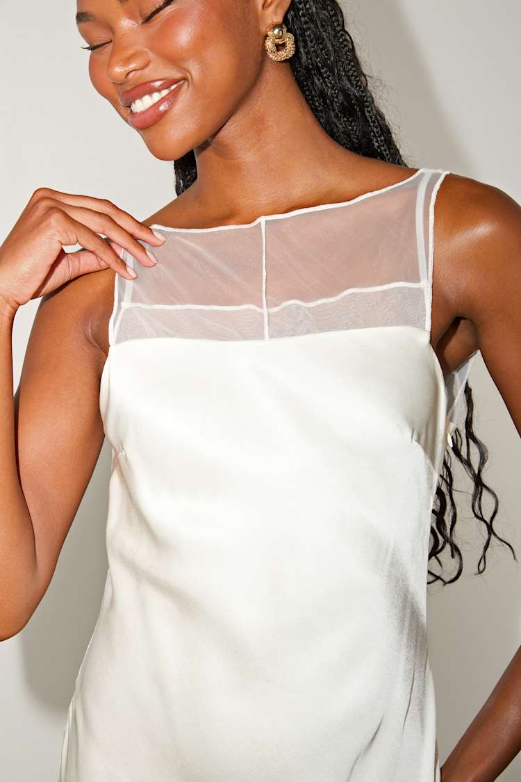 Ivory Mini Dress - Satin Shift Dress - Sleeveless Boat Neck Dress - Lulus
