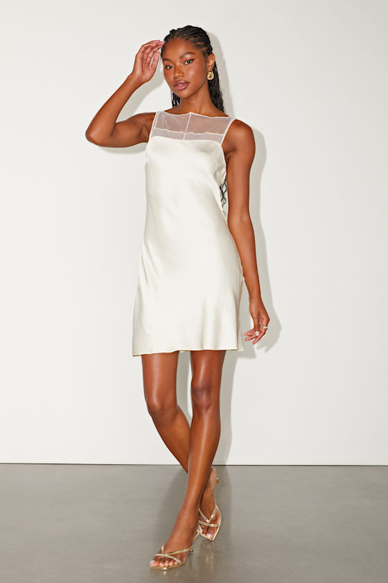 Ivory Mini Dress - Satin Shift Dress - Sleeveless Boat Neck Dress - Image 4