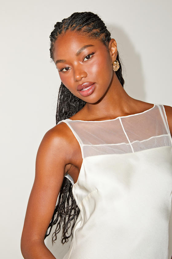 Ivory Mini Dress - Satin Shift Dress - Sleeveless Boat Neck Dress - Image 5