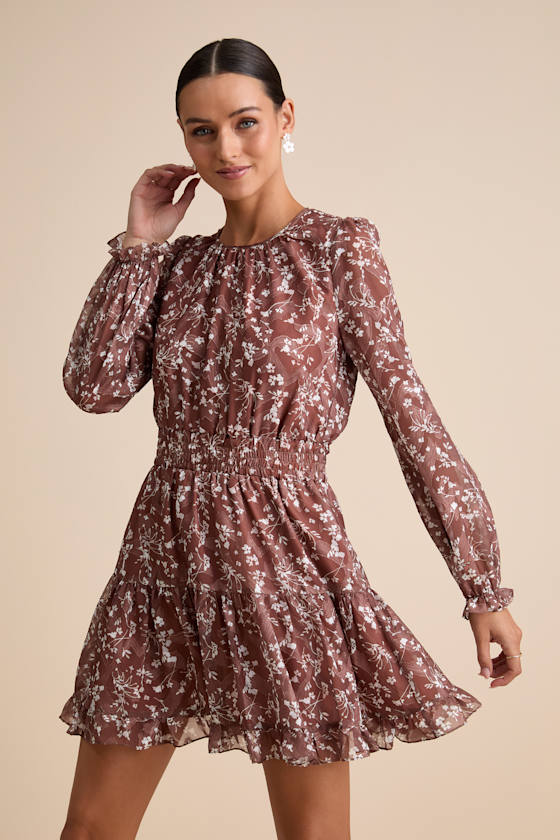 Too Cute Brown Floral Print Smocked Long Sleeve Mini Dress 1