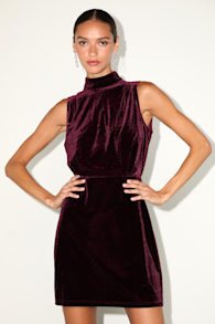Gorgeous Darling Plum Velvet Sleeveless Mock Neck Mini Dress 1