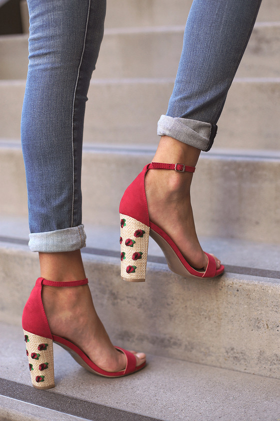Lovely Red Heels - Woven Block Heels - Embroidered Heels - Lulus