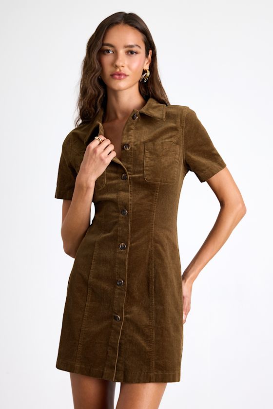 Rhienne Dark Olive Corduroy Button-Front Short Sleeve Mini Dress 1