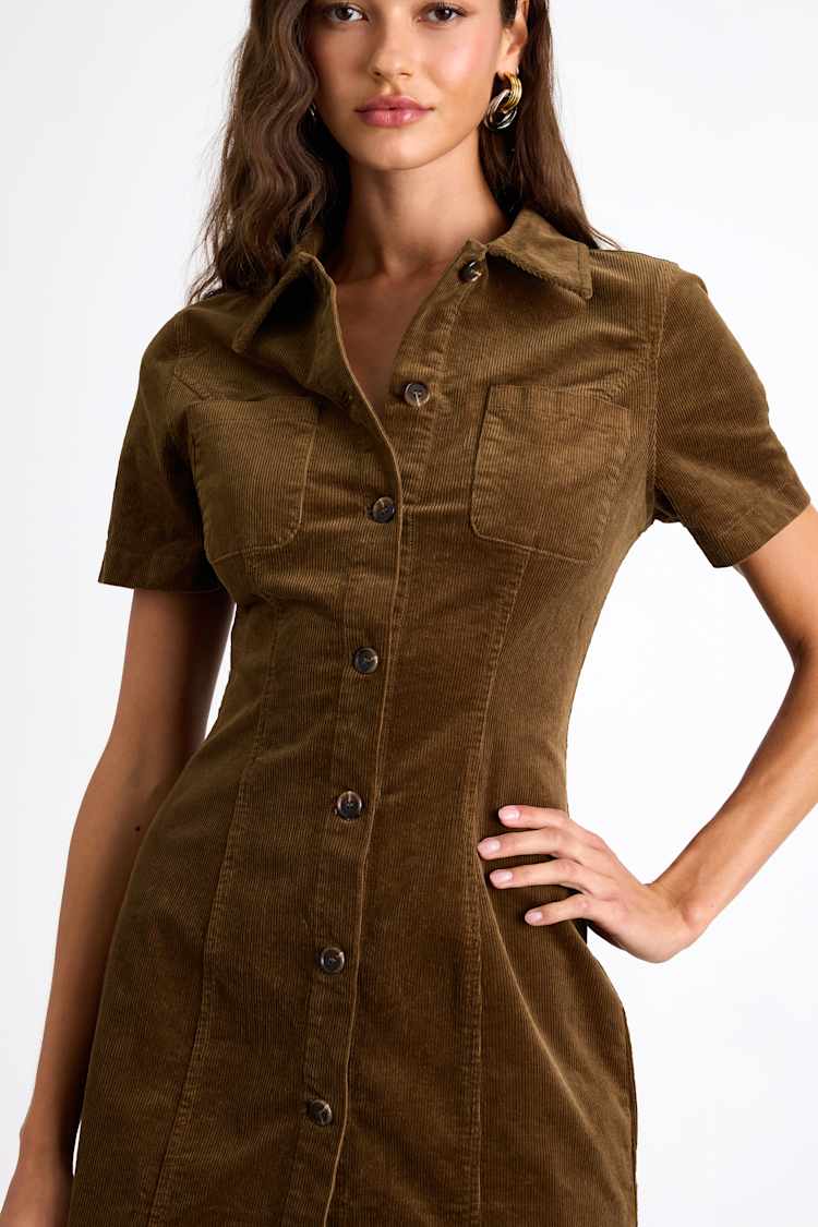 Rhienne Dark Olive Corduroy Button-Front Short Sleeve Mini Dress