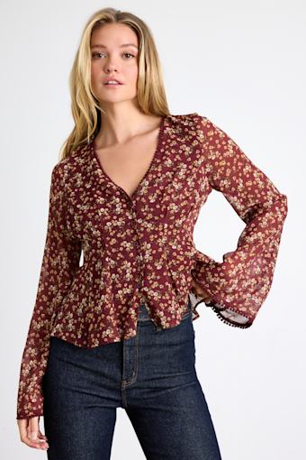 Merryn Burgundy Floral Button-Front Pleated Long Sleeve Top 1