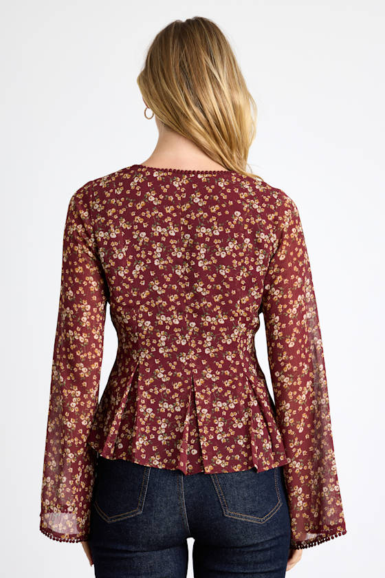Merryn Burgundy Floral Button-Front Pleated Long Sleeve Top 3