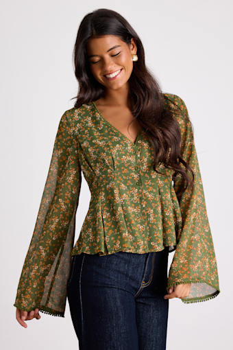 Merryn Olive Green Floral Button-Front Pleated Long Sleeve Top 1
