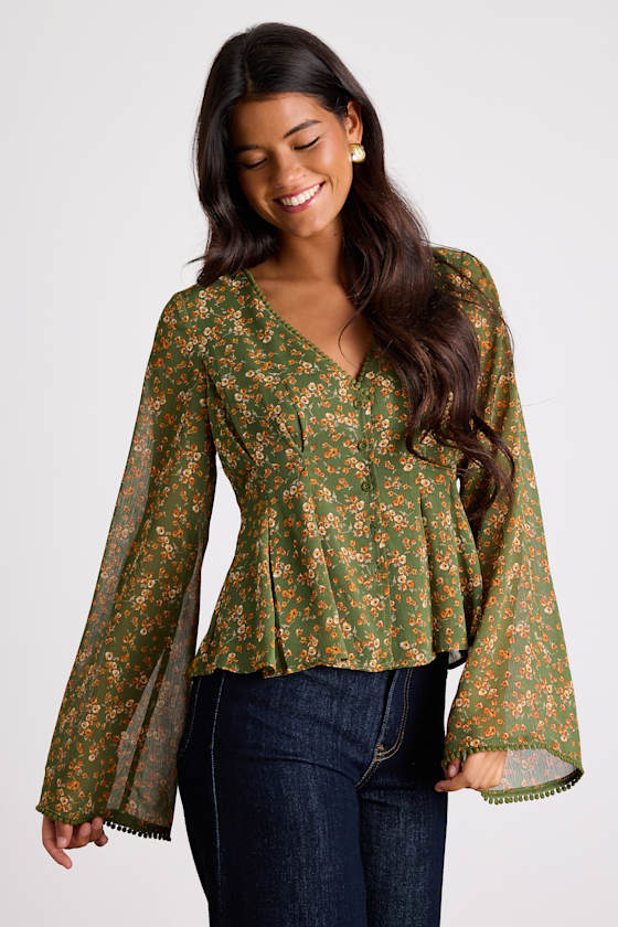 Merryn Olive Green Floral Button-Front Pleated Long Sleeve Top 1