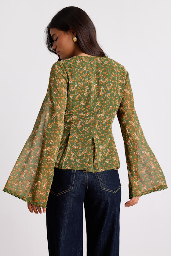 Merryn Olive Green Floral Button-Front Pleated Long Sleeve Top 3