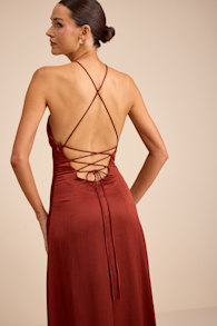 Nisrine Rust Red Satin Lace-Up Halter Maxi Dress 1