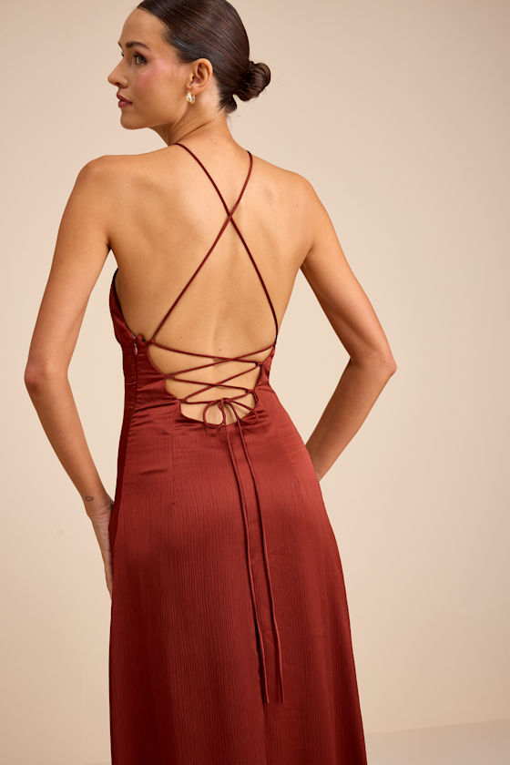 Nisrine Rust Red Satin Lace-Up Halter Maxi Dress 1