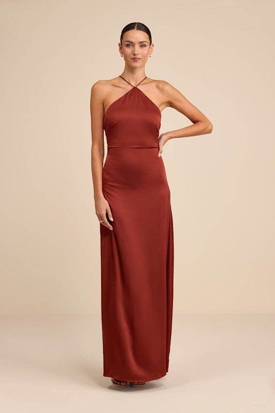 Nisrine Rust Red Satin Lace-Up Halter Maxi Dress 2