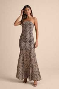 Cherette Brown Snake Print Strapless Maxi Dress 1