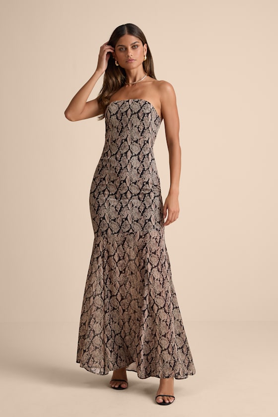 Cherette Brown Snake Print Strapless Maxi Dress 1