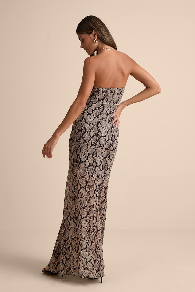 Lulus | Brown Snake Print Strapless Maxi Dress | Womens | X-Small | 100% Polyester