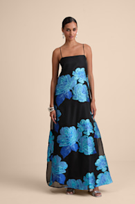 Yavanna Black and Blue Floral Jacquard Shift Maxi Dress 1