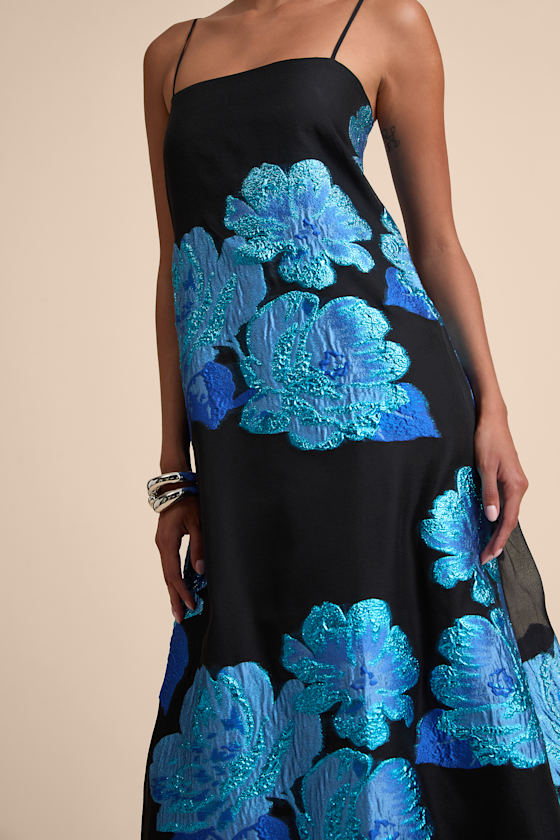 Yavanna Black and Blue Floral Jacquard Shift Maxi Dress 3