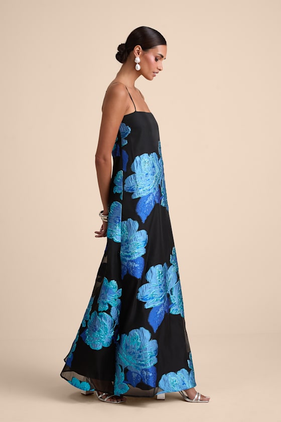 Yavanna Black and Blue Floral Jacquard Shift Maxi Dress - thumbnail 4