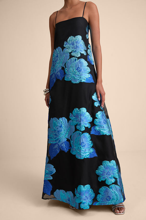 Yavanna Black and Blue Floral Jacquard Shift Maxi Dress - thumbnail 5