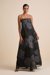 Yavanna Black Floral Jacquard Shift Maxi Dress 1