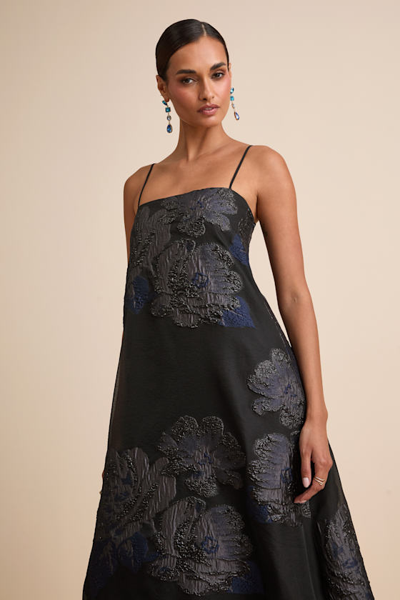 Black Floral Jacquard Dress - Shift Maxi Dress - Sleeveless Dress
