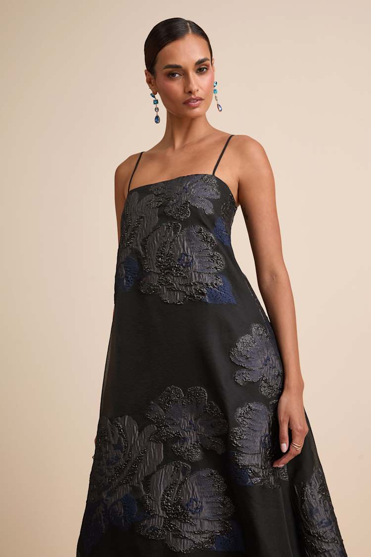 Yavanna Black Floral Jacquard Shift Maxi Dress